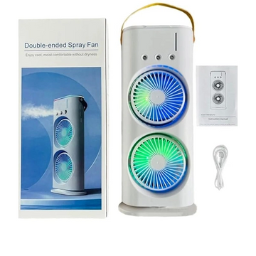 Double Head Fan & Cooler Mist with Humidifier and Swing LED Independent Dual 270° folding 3 Speed Spray Modes